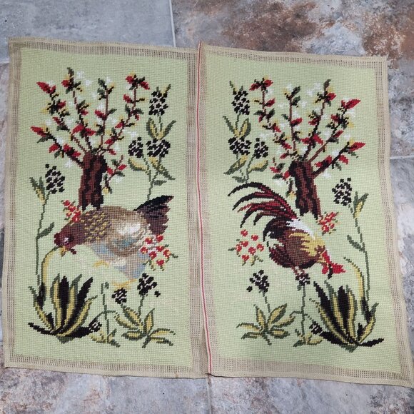 Handmade Finished Pair Completed Cross Stitch Rooster Hen Chicken Embroidery Unf - Picture 2 of 16